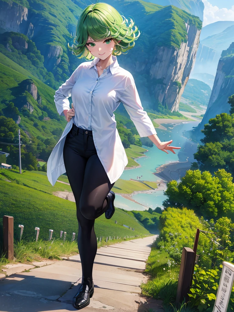 (high res, 8K, masterpiece, looking at viewer, best quality, very aesthetic, ultra detailed, ultra background, ultra Eyes) intricate details, 1girl, Tatsumaki, Wear white long sleeved shirt, long black pants, black loafers, green short hair, green eyes, Smile Face, Facing the camera, Standing in front of the campus, Background Campus, Cinematic Angle