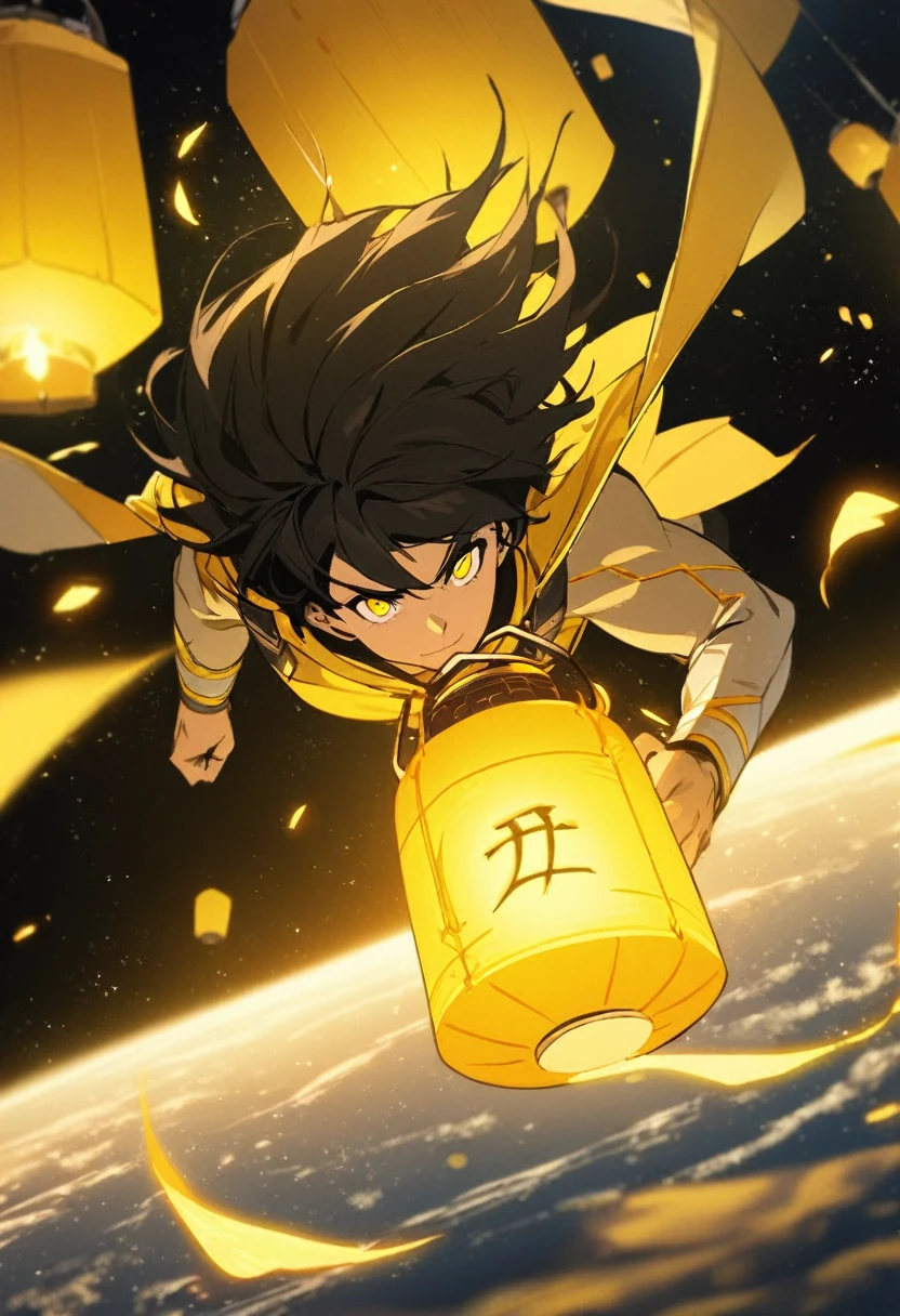 1boy, yellow lantern, dc comics, black hair, yellow eyes, flying in the space, yellow energy 