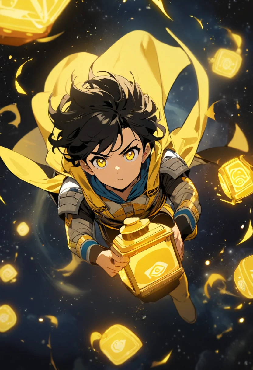 1boy, yellow lantern, dc comics, black hair, yellow eyes, flying in the space, yellow energy