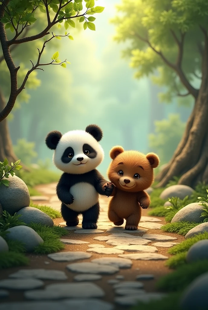 Make a picture where a panda bear and a brown bear both walk along a path of large stones and branches, the two little bears