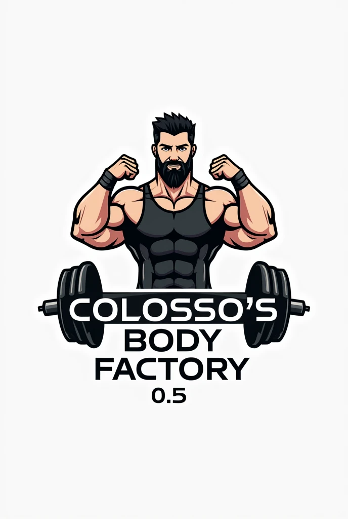 Logo for a gym containing the words Colosso's Body Factory and 0.5 with a dumbbell, a bearded man and a stylized blonde woman, All in black