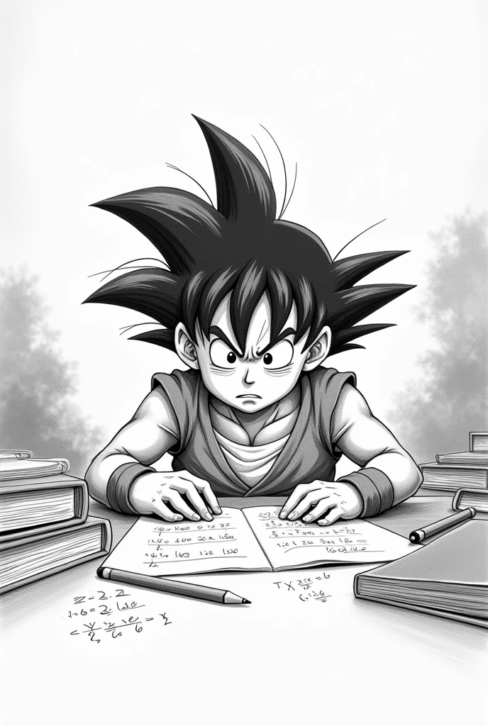 Create a cover page related to the topic "learning problems"  that is easy to draw in pencil ,where is this Goku stressed for not learning and with an expression of not being able and distressed in color at school and with a sketch doing equations