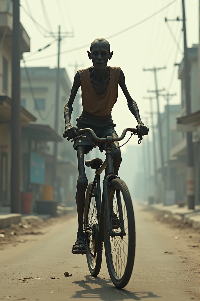 Skinny, crooked guy riding a bike 