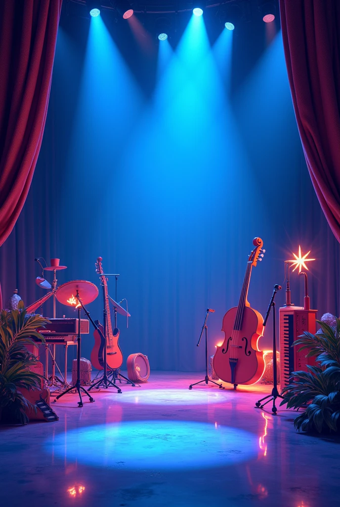 Blue musical stage with lights and musical instruments in animation style Without people