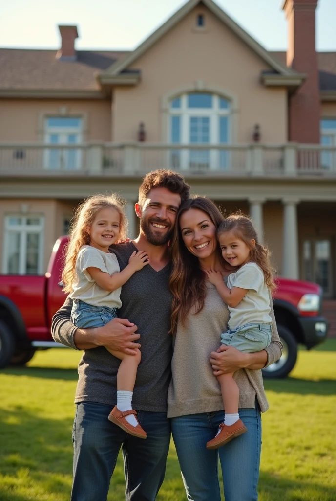 A happy family turned back on each other happily consisting of a brown-haired father, a mother with long brown hair, with his couple of children: a blonde and a , in front of his two-story mansion next to his red Dodge RAM pickup truck