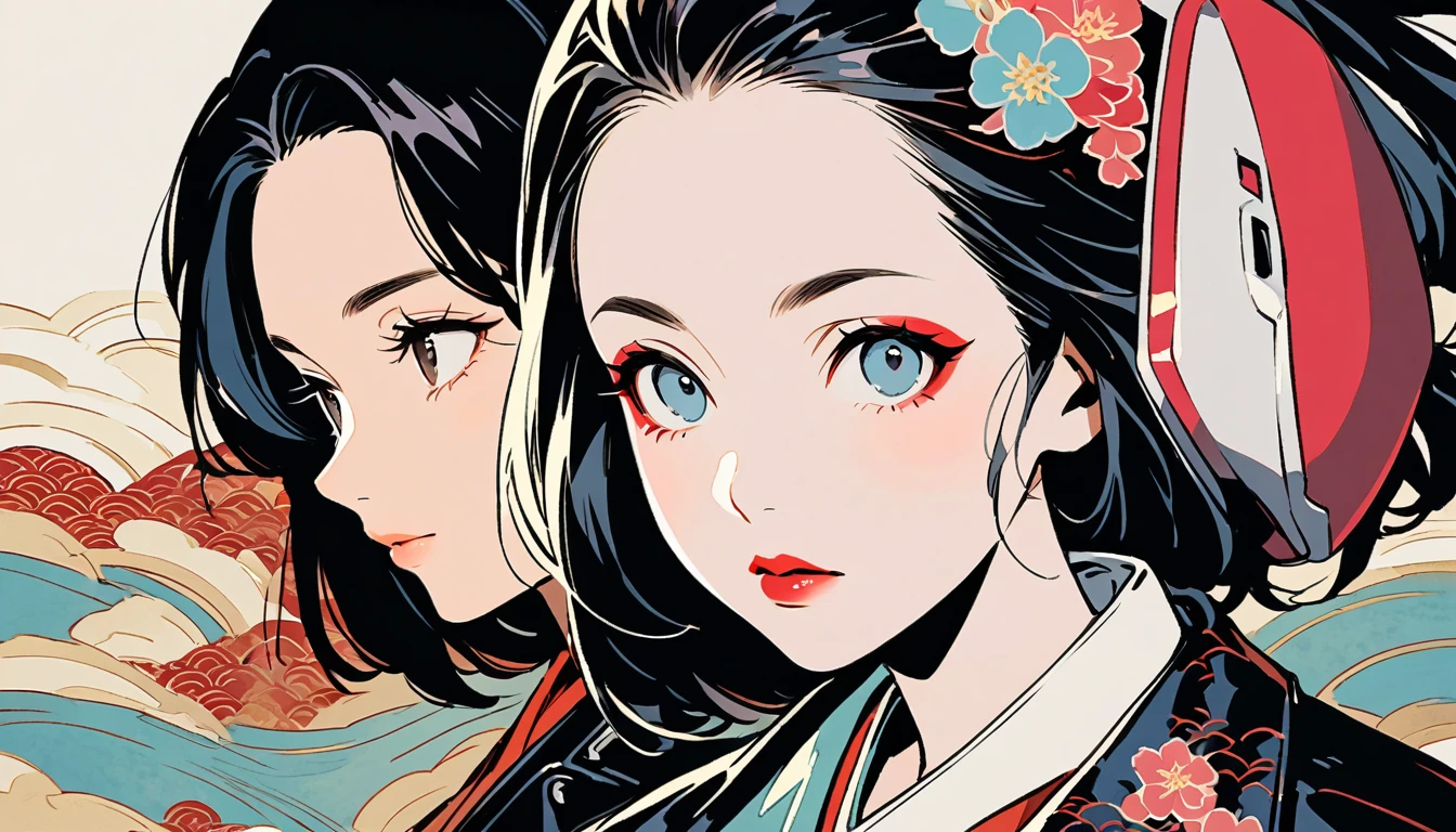 (((Ink Painting))), (((from above))), (((3 women))), (((Leather jacket with Japanese patterns))), (((heavyMetal))), (((Very flashy makeup))), Japanese style headphones, face close-up, front view, Japan人の美少女, Black Hair, Delicate and precise, Modern ukiyo-e style,Japan, Droopy eyes, round face, Glare, Fuller lips, vivid color