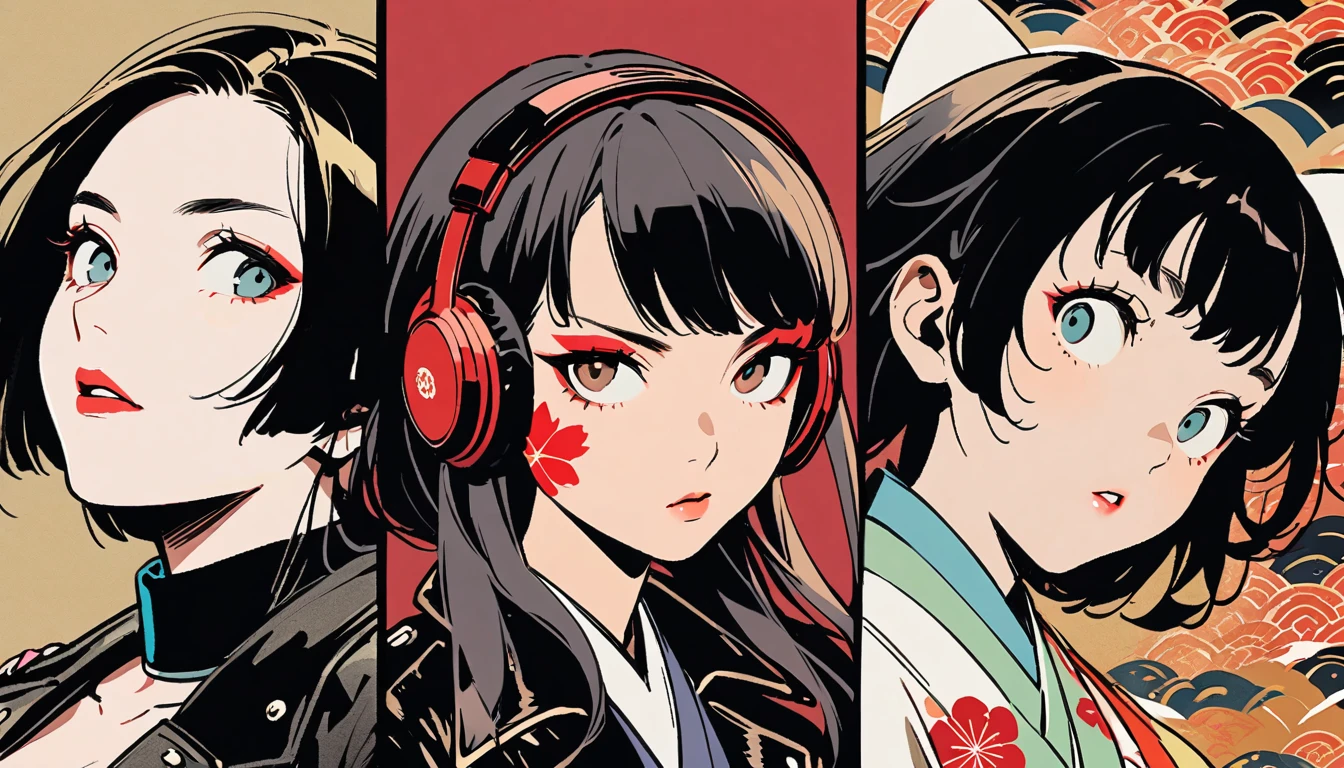 (((Ink Painting))), (((from above))), (((3 women))), (((Leather jacket with Japanese patterns))), (((heavyMetal))), (((Very flashy makeup))), Japanese style headphones, face close-up, front view, Japan人の美少女, Black Hair, Delicate and precise, Modern ukiyo-e style,Japan, Droopy eyes, round face, Glare, Fuller lips, vivid color