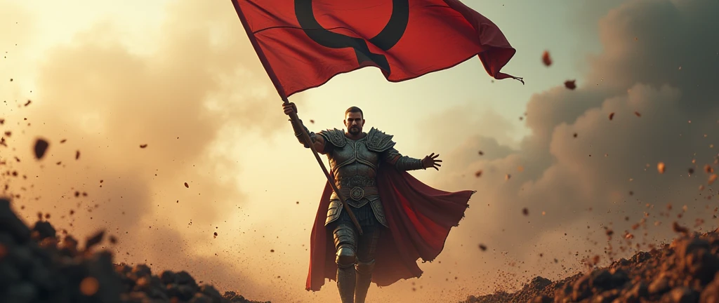 crie uma imagem de um homem vencendo uma guerra segurando uma bandeira com este símbolo ♂ estampado nela