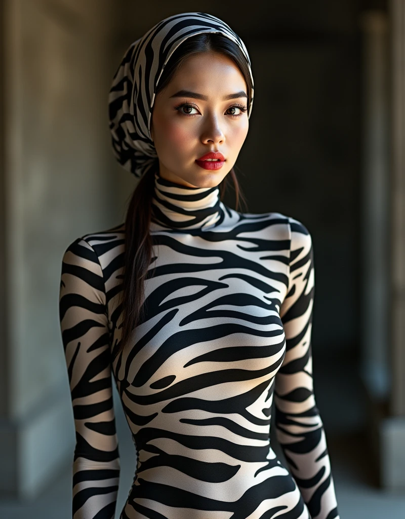 A thin and beautiful asian muslimah muslim woman with beautiful lips wears zebra print lycra turtleneck unitard catsuit.She always wear cotton zebra print hijab.She is my favourite teacher.