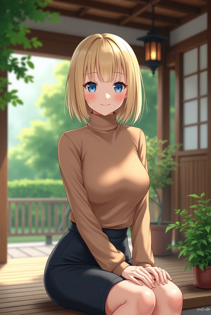 (photorealism:1.2), adult Anime woman, light blonde hair, wearing brown turtleneck sweater, wearing pencil skirt, short hairstyle, smiling, blue eyes, grown woman, sitting on the porch, japanese style home, plants in the garden