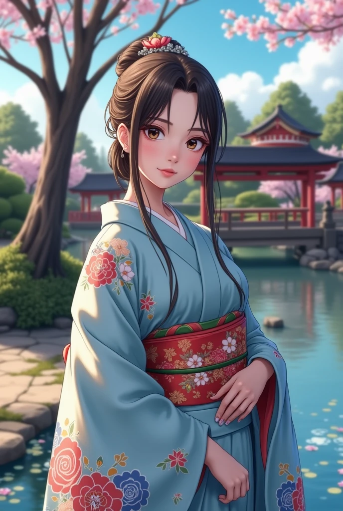 (masterpiece、Highest quality、8k、High resolution)、Traditional Japanese beauty in kimono、(The best girl in anime)、Floral pattern on white background、Vibrant colors、Japanese garden、There is a pond、Colorful flowers、Vibrant colors、Cherry Blossom、There is a drum bridge、A complete portrayal、Detailed anime art、