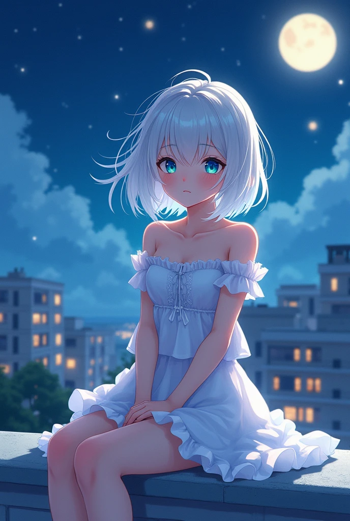 anime style, young adult woman, with one blue eye and one green eye, short white hair.
Sitting on a roof at night.
The most beautiful thing in the world.