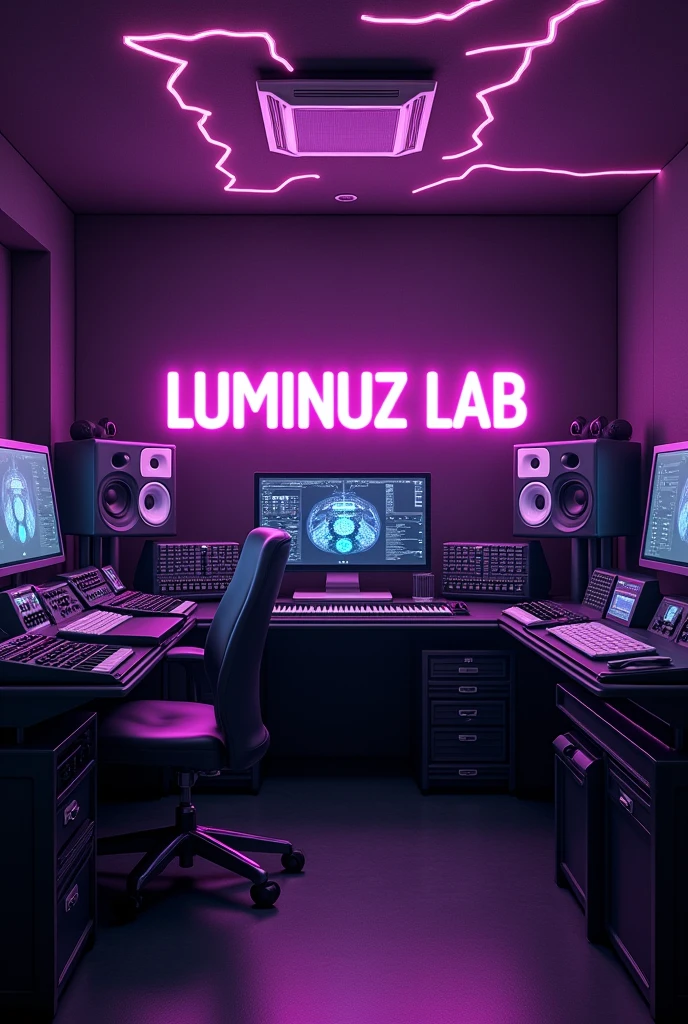 Crie uma logo, futuristic looking background, a closed room with lots of purple lights, yellow and blue. Black and detailed furniture. White and elegant electronics and computers. Electrical energy running through furniture and electronics in a subtle way, circulating the environment.
White speakers in each upper corner of the walls. Music production studio environment.
In the center of the image, The title "LUMINUZ LAB." In dark neon purple color. A font that inspires movement and fun. Fagulhas de eletricidade ao redor dThe title.
