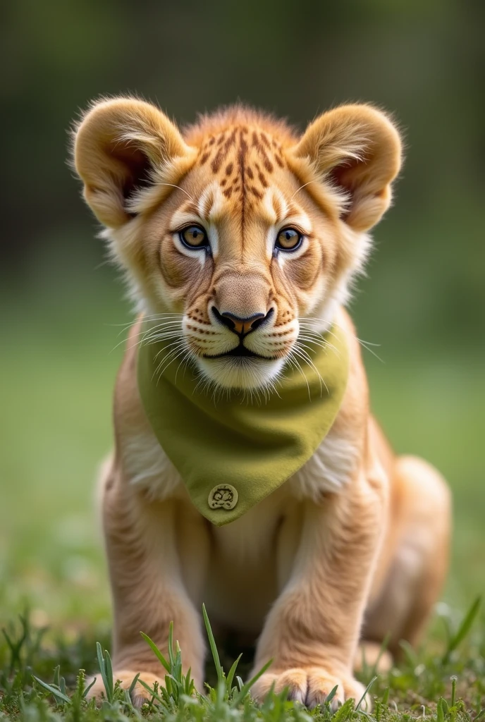 Lion cub wearing bib in the park