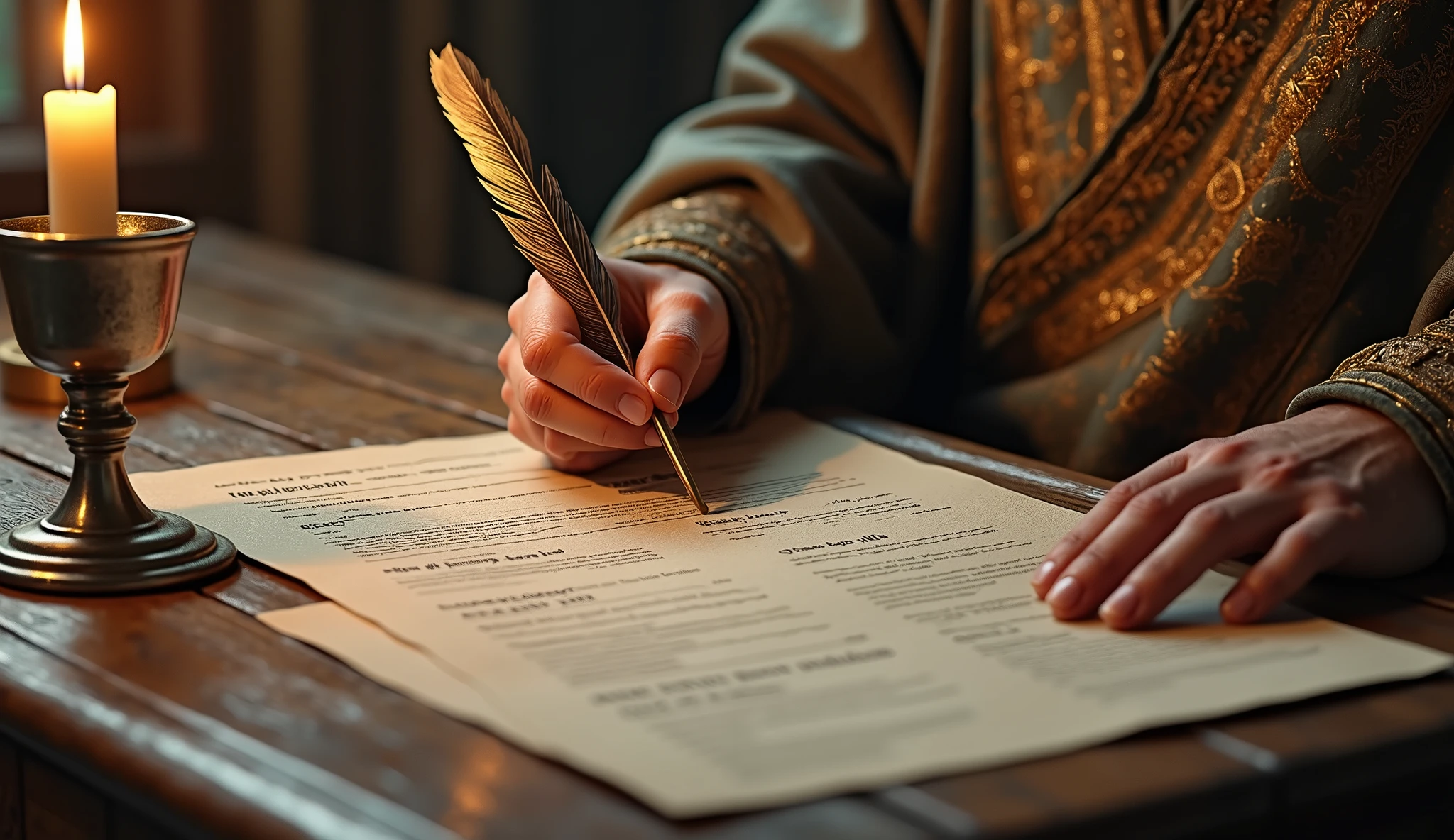 Create a hyper-realistic and mysterious image of an antique wooden table, where different investment contracts are arranged, each representing a distinct area, as agriculture, Maritime trade, mining and livestock farming. the hand of Solomon, dressed in a finely embroidered tunic, is holding a golden feather, about to sign one of the contracts. from beside, a silver chalice reflects the golden light of a candle, creating a sense of decision and strategy. The background should be softly blurred, highlighting the importance of diversifying contracts to ensure a safe and prosperous future.