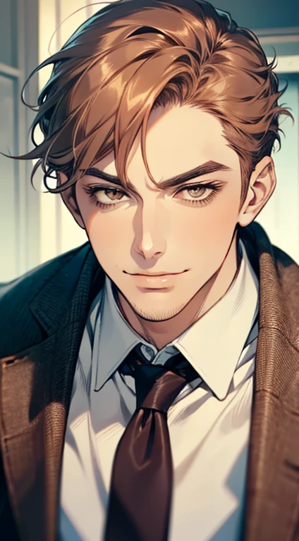 master part, best quality, Realistic, 1 men, mature male, calm and charming young man, age 25, a smirk, cloused mouth, portraite, extreme detailed face, cold smile, ((dark shaped eyes)), ((short dark brown hair swept to the right)), [bushy eyebrows], ((suit)), Handsome, distant shot, western, Jewish, light brown skin