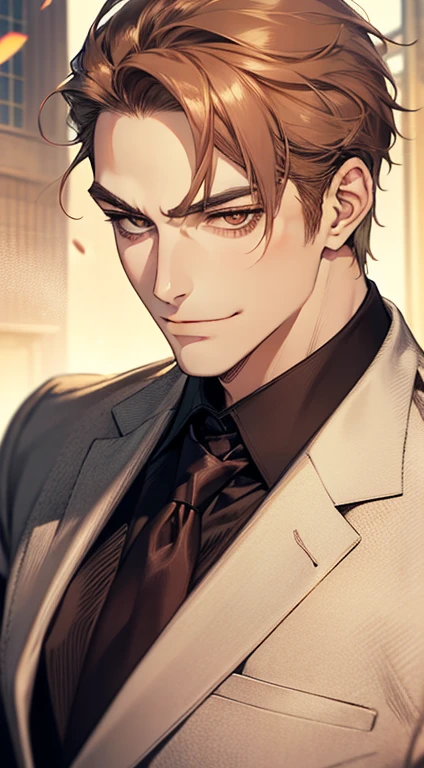 master part, best quality, Realistic, 1 men, mature male, calm and charming young man, age 25, a smirk, cloused mouth, portraite, extreme detailed face, cold smile, ((dark shaped eyes)), ((short dark brown hair swept to the right)), [bushy eyebrows], ((suit)), Handsome, distant shot, western, Jewish, light brown skin