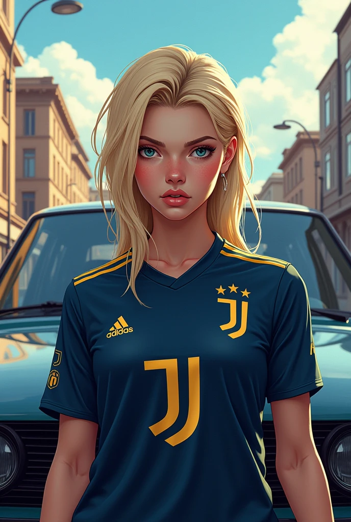 Rebellious blonde with a dark blue Juventus jersey with a golden symbol in front of a BMW showing a lot of the street and sky for a small wallpaper