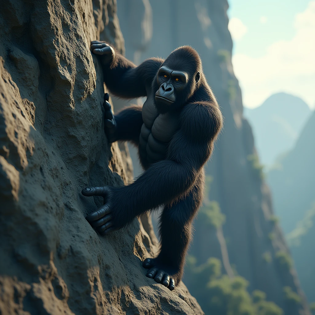 Gorilla climbing a cliff、Long-distance camera、Shot from behind、3D Animation