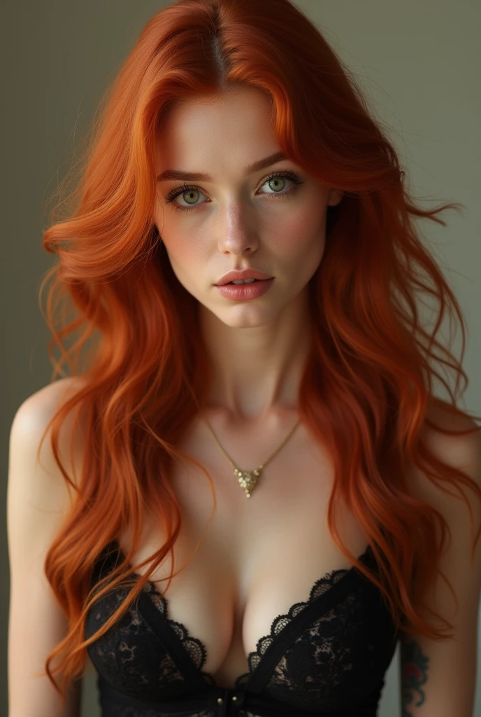 a woman with red hair, hyper-realistic skin, shiny/glossy, modern jewelry, gongbi, portraiture, dark teal and light gold, tropical landscapes, Face portrait photo oF a 21 Year-old German woman, .raw, beautiFul woman, half strawberry lips, strawberry lipstick, Fossettes, big breast, realistic legs, high heels, nostalgic look, detailed light brown eyes, great student, thin eyelashes, (Brown extra long blond hair), ((detailed Face)), ((detailed Facial Features and skin texture)), (Finely detailed skin), light brown skin, (Deep neckline detailing high-tech cyberpunk dress), Cyberpunk big city environment, (cold colors), moist, moist, reFlections, (masterpiece) (height ratio / perfect width) (photo realist) (best quality) (detailed) Shot with Canon EOS R5, ObjectiF 50mm, F/2.8, human development report, (8k) (wallpaper) (light) (Dramatic Light) (sharp focus) (complicated), sharp details, skin detail sharpness, 