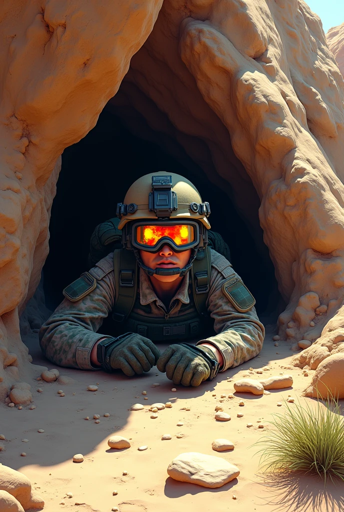 Army man spying on another country with thermal glasses hiding under a rock karikatur 5D drawing