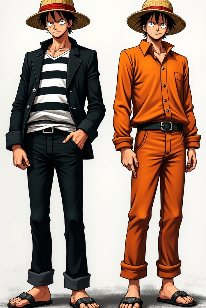 Monkey D. Luffy in a black and white striped long-sleeved prison uniform and Monkey D. .... Luffy in orange long sleeve prison uniform Original anime One Piece