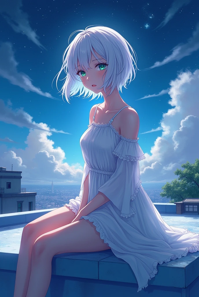 anime style, young adult woman, with one blue eye and one green eye, short white hair.
Sitting on a roof at night.
The most beautiful thing in the world.