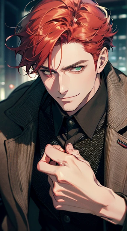 (best quality, masterpiece, 8K, photorealistic, cinematic lighting, hdr image, ultra detailed, beautiful image), a mature man, very handsome, smile, short grey red hair, green eyes, perfect face without errors, ((buttoning the jacket, CEO))