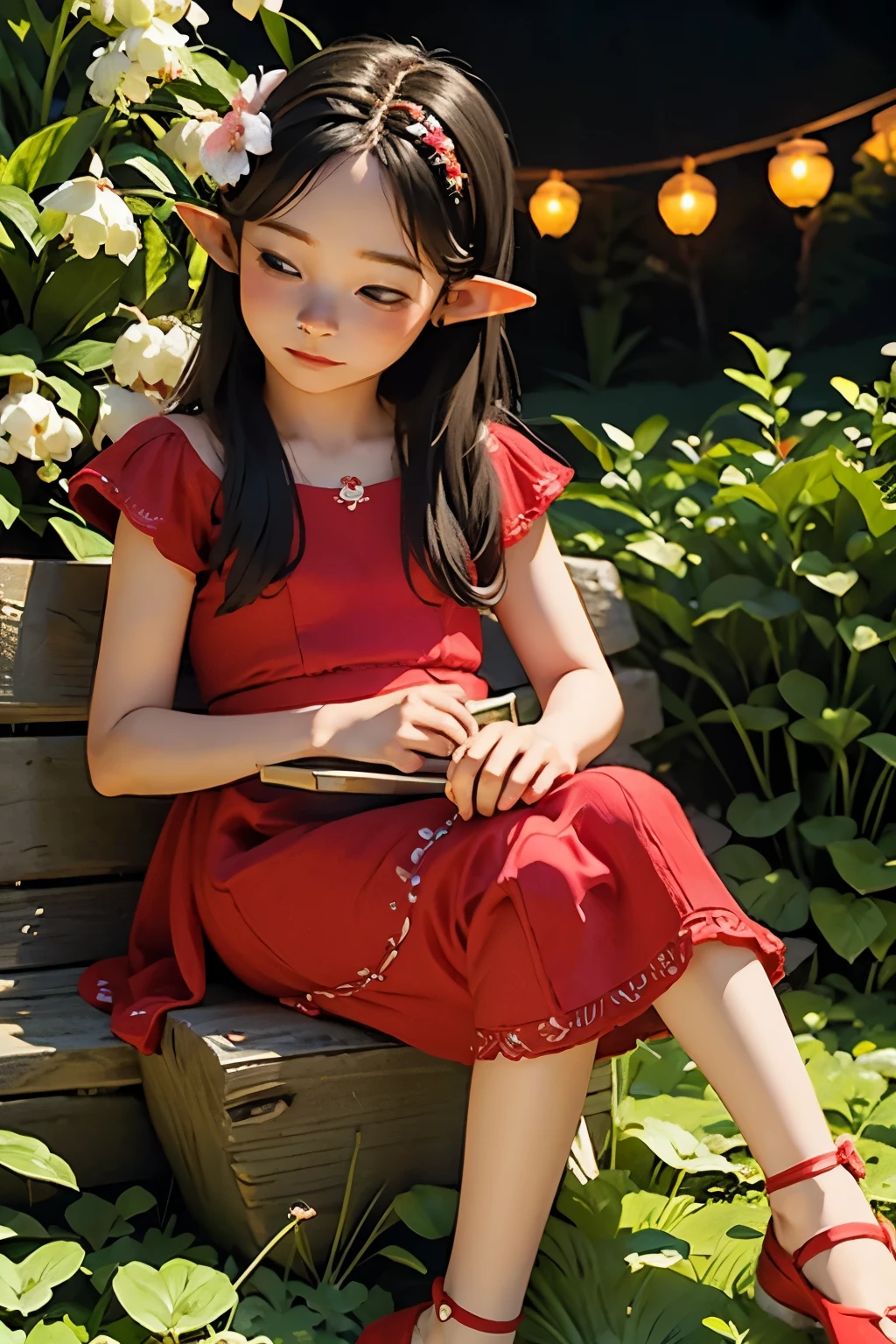 Photorealistic、（Red dress、Elf、sleepy、Mouth slightly open、hair ornaments、Sitting、Cute Shoes）、Lily of the valley hill、night