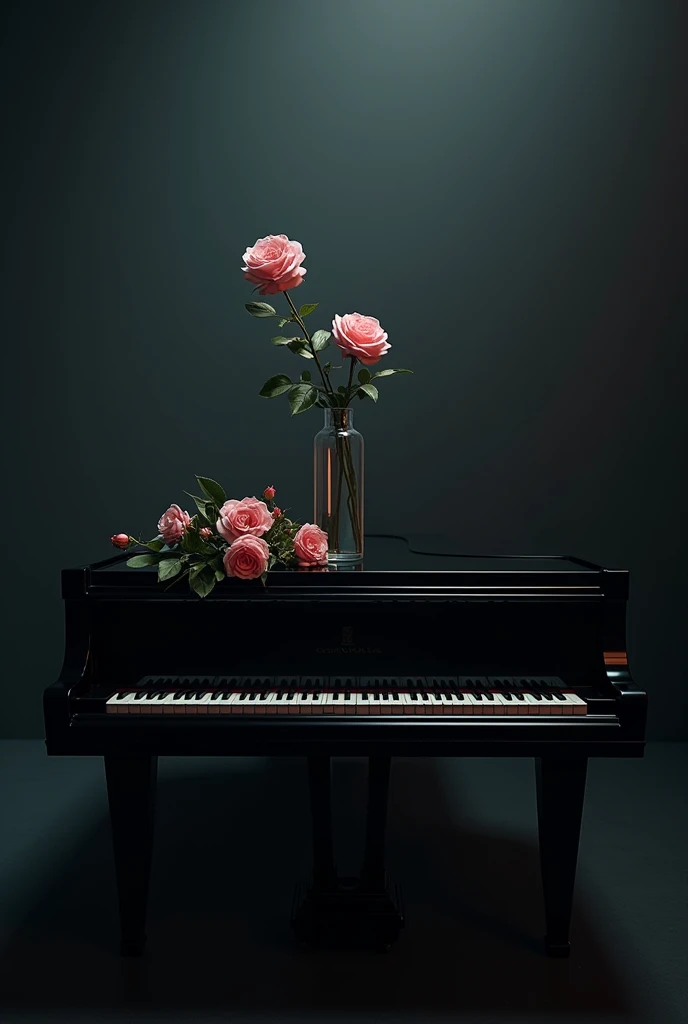 Piano with a vase of roses on top in a dark place