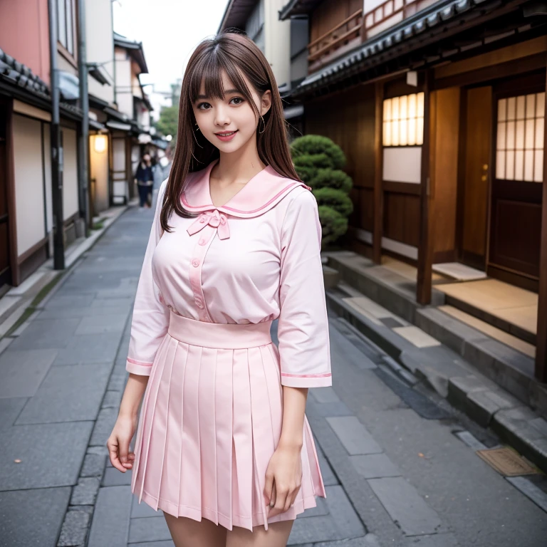 laughing out loud，pink collar, Wear student sailor uniform, 水手服是白色底pink collar，pink collar子，Pink pleated skirt，Pink navy collar，White sailor suit，(knee shot), 1 girl, On the face, light brown hair, blunt bangs, hair behind ears, Hair over the shoulders, long hair, Slender body type, Super thin face, face slimming, delicate lips, beautiful eyes, Thin blush, Eyes are light brown,Check it out here, (realistic:1.3), Standing next to a street in Kyoto, Japan, 8k, , Super detailed, high quality, best quality, High resolution, ，Large Breasts，H CUP, 3