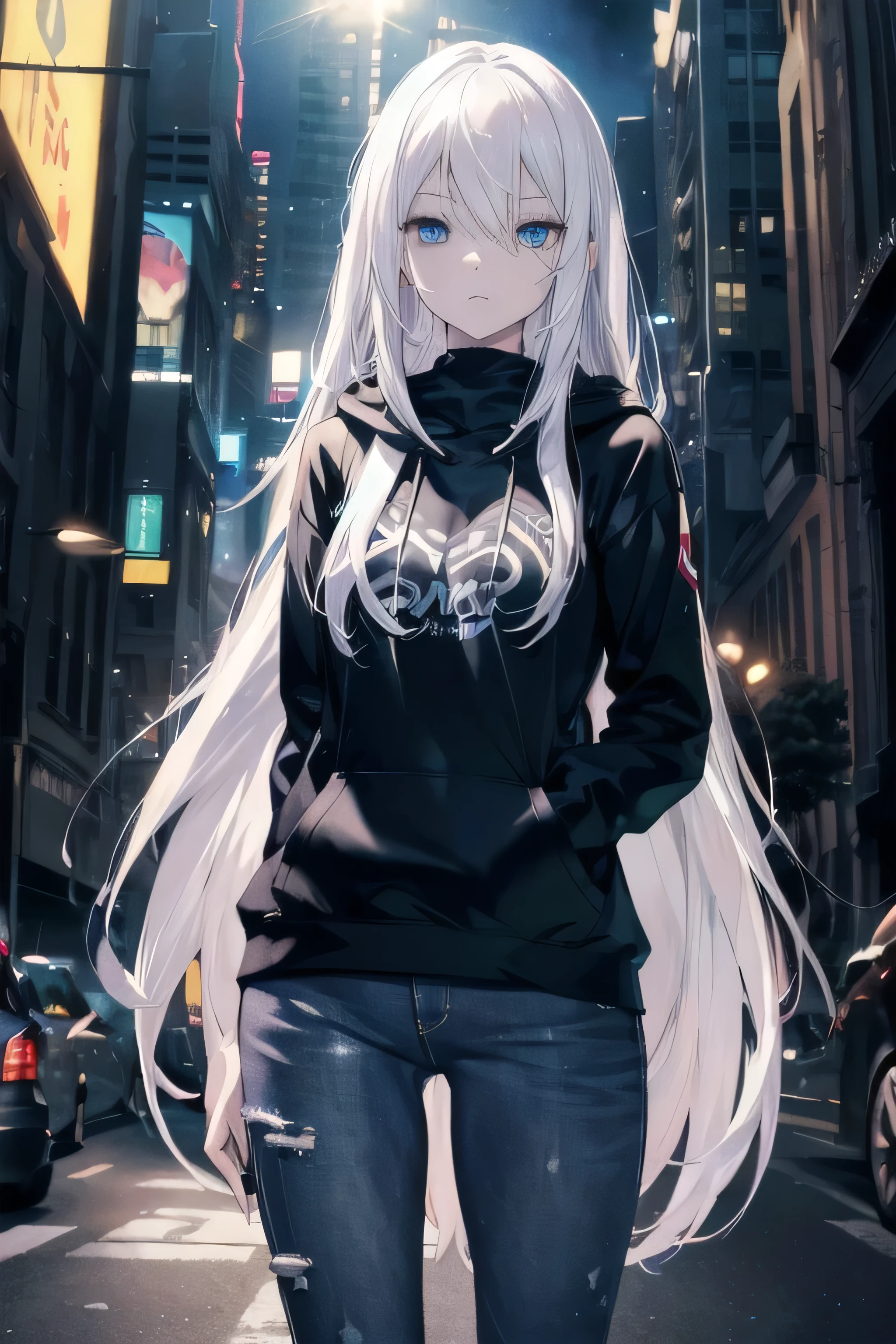 ((masterpiece)), ((best quality)), ((best illustration)), ((ultra-detailed)),((photorealistic color)), 1 lady, solo, teenager, absurdly long hair, white hair, straight hair, ((blue eyes)), ((ultra detailed eyes)), ((ultra detailed face)), gloomy, hoodie, jeans, thin body, thin arms, long arms, urban, night, standing with motorcycle, backlight
