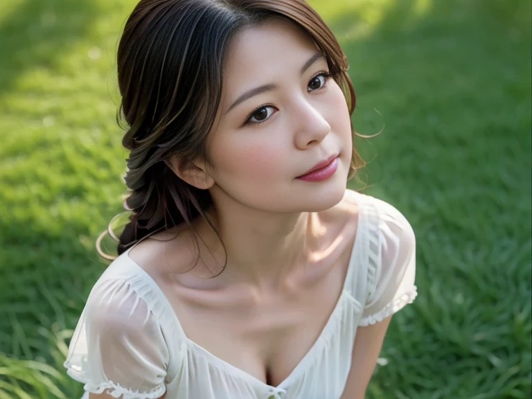 A drone-captured aerial view of a beautiful Japanese woman standing in an open field, looking up towards the sky. The perspective is from directly above, emphasizing the height and distance as the drone hovers high above her. She has a delicate and symmetrical face, with soft features that are clearly visible despite the top-down angle. Her dark, glossy hair is gently tousled by the breeze, and she is wearing a flowing white dress that contrasts elegantly with the lush green grass beneath her. Her serene and curious expression is captured perfectly, as her large, expressive eyes gaze upwards. The sunlight casts soft, natural shadows, enhancing the depth and realism of the scene, while the woman's beauty and grace are evident from this unique aerial perspective.