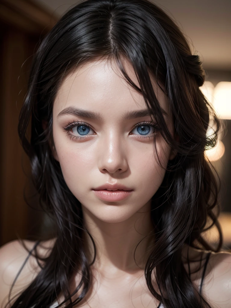 Women. 29 years. long black fur. blue eyes. long eyelashes. Positive canthal inclination. He is about to take a bath.