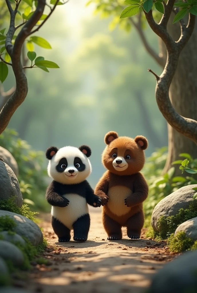 Make a picture where a panda bear and a brown bear both walk along a path of large stones and branches, the two little bears