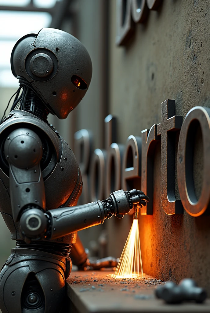 A robot watching and a locksmith welding the name of Roberto, the name that is made of iron and the weather is daytime and the background is random