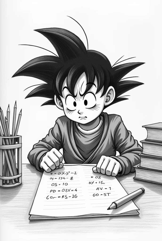 Create a cover page related to the topic "learning problems" that is easy to draw in pencil ,where is this Goku stressed for not learning and with an expression of not being able and distressed in color at school and with a sketch doing equations