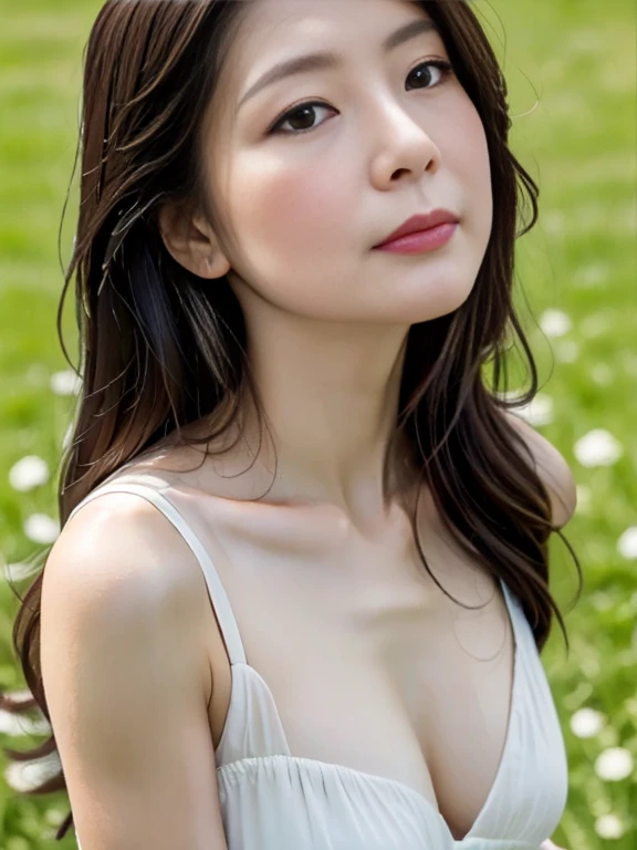 A drone-captured aerial view of a beautiful Japanese woman standing in an open field, looking up towards the sky. The perspective is from directly above, emphasizing the height and distance as the drone hovers high above her. She has a delicate and symmetrical face, with soft features that are clearly visible despite the top-down angle. Her dark, glossy hair is gently tousled by the breeze, and she is wearing a flowing white dress that contrasts elegantly with the lush green grass beneath her. Her serene and curious expression is captured perfectly, as her large, expressive eyes gaze upwards. The sunlight casts soft, natural shadows, enhancing the depth and realism of the scene, while the woman's beauty and grace are evident from this unique aerial perspective.
