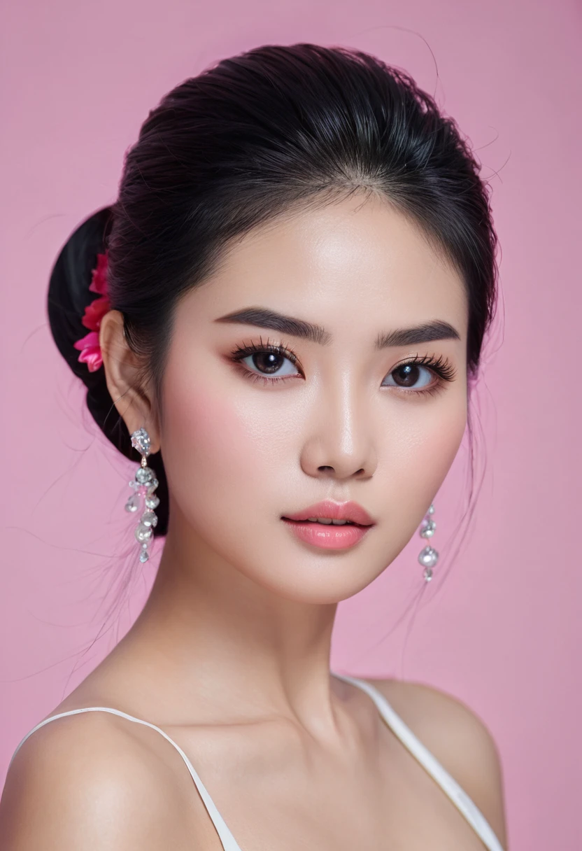 Raw photo,Masterpiece, high quality, best quality, authentic, super detail, pictue color,
black hair, Vietnamese women, beautiful women, black eyes, sharp eyebrows, smooth, pink skin, clear hair, realistic image,