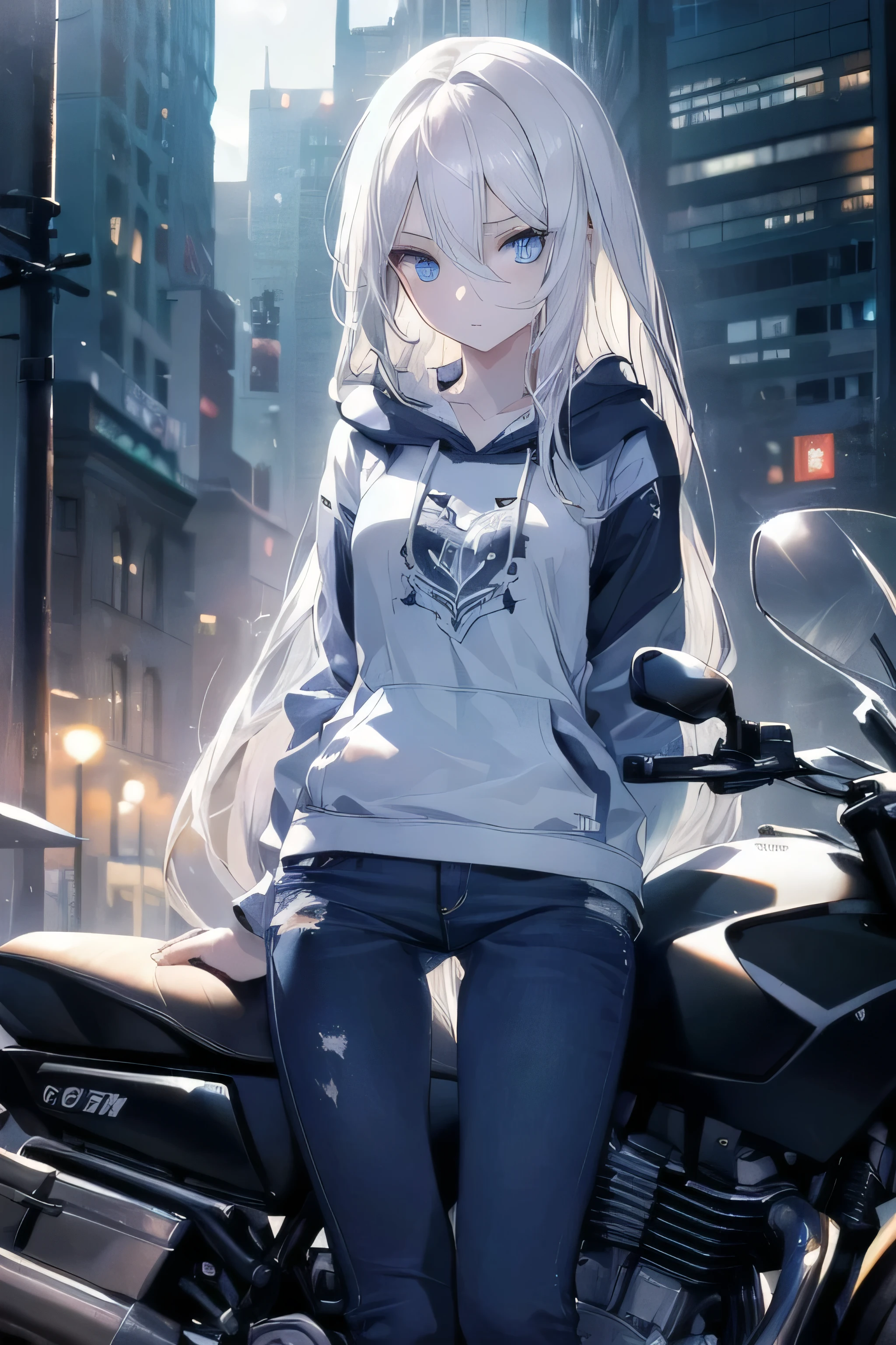 ((masterpiece)), ((best quality)), ((best illustration)), ((ultra-detailed)),((photorealistic color)), 1 lady, solo, teenager, absurdly long hair, white hair, straight hair, ((blue eyes)), ((ultra detailed eyes)), ((ultra detailed face)), gloomy, hoodie, jeans, thin body, thin arms, long arms, urban, night, sitting on motorcycle, backlight