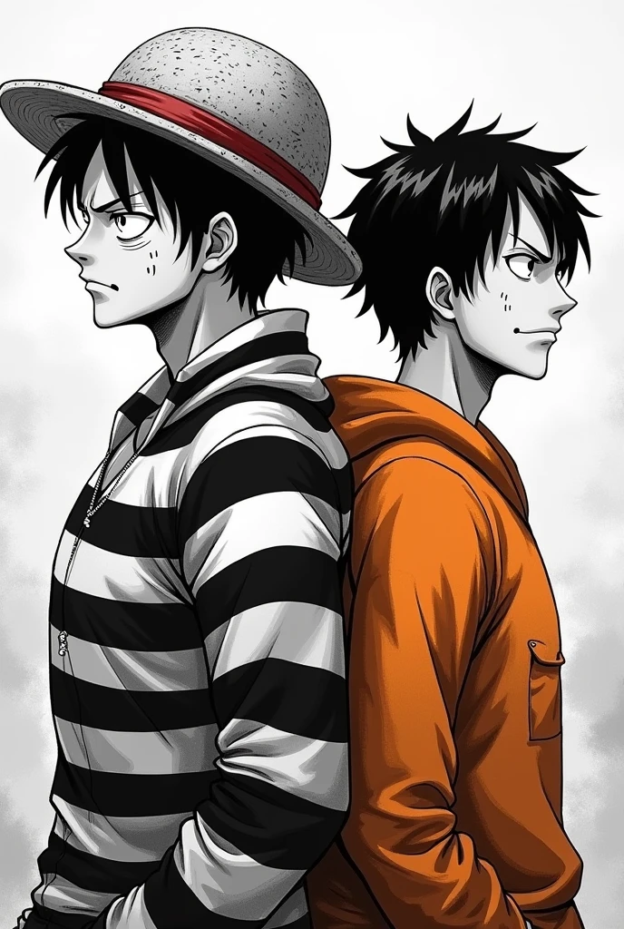 Monkey D. Luffy in a black and white striped long-sleeved prison uniform and Monkey D. .... Luffy in orange long sleeve prison uniform Original anime One Piece