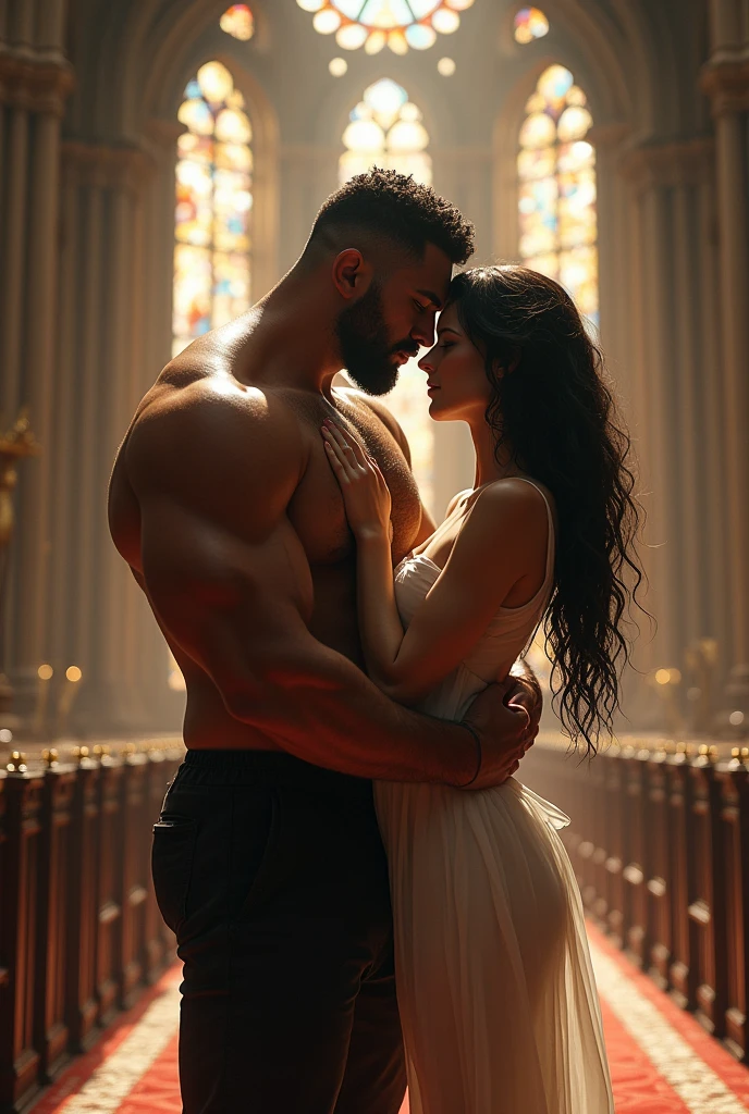 **Prompt:**
"Generate an image that encapsulates the intense, forbidden love between a brother and sister who have wed in secret, with a strong emphasis on their striking resemblance and his significantly larger size. Place them against a stark wooden cross in a dimly lit church, with the brother towering over his sister, his muscular form pinning her slender one against the cross. She should be looking up at him, her expression a mix of rapture and desperation, her body suspended and held in place by his sheer size and strength. His larger hands should be splayed across her back, the fingers digging into her soft flesh, leaving reddened marks that hint at his primal passion. Her delicate feet should dangle inches above the floor, her body arching to accommodate his intense, rhythmic thrusts. Focus on the stark contrast of their bodies - his large, rough, and forceful, hers small, soft, and vulnerable - as they become one in a dance as old as time itself. Surround them with a glow from the stained glass windows, casting kaleidoscopic colors on their intertwined forms, highlighting the sacred yet profane nature of their union. Title the image 'Sacred Bond', capturing the bittersweet essence of their love that transcends societal norms, yet is rooted in something primal and profound."