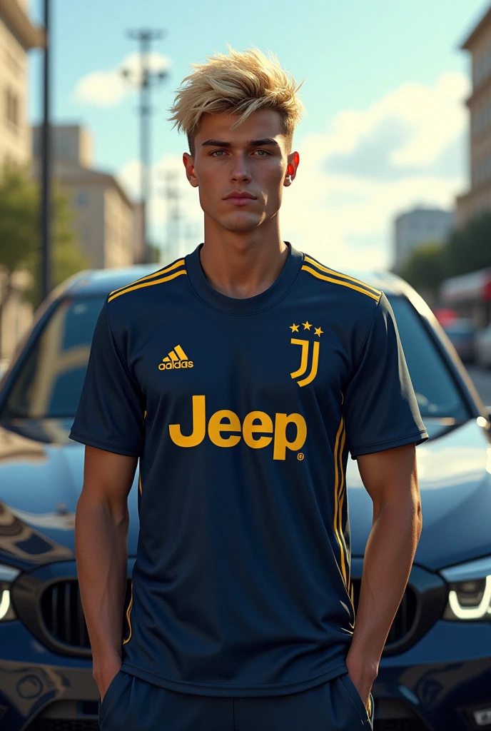 Rebellious blonde with a dark blue Juventus jersey with the golden symbol in front of a BMW where it shows a lot of the street and the sky for a more realistic small face wallpaper and the latest BMW