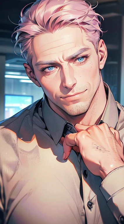 (best quality,4k,8k,highres,masterpiece:1.2),ultra-detailed,(realistic,photorealistic,photo-realistic:1.37),1 man,3,mature man,very handsome,without expression,smile,short grey pink hair,blue eyes,penetrating gaze,perfect face without errors,imposing posture,businessman,office background,cinematic lighting,hdr image