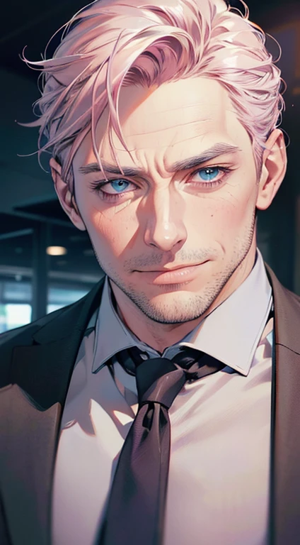 (best quality,4k,8k,highres,masterpiece:1.2),ultra-detailed,(realistic,photorealistic,photo-realistic:1.37),1 man,3,mature man,very handsome,without expression,smile,short grey pink hair,blue eyes,penetrating gaze,perfect face without errors,imposing posture,businessman,office background,cinematic lighting,hdr image
