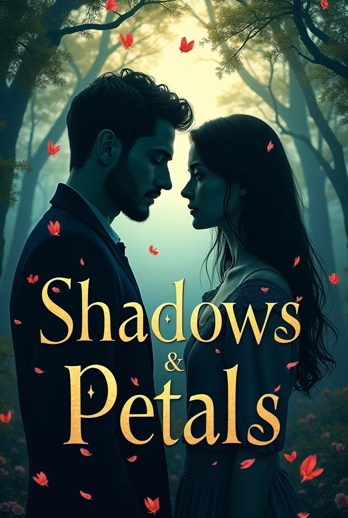 a book cover titled: Shadows & Petals
(the book cover must have petals and a silhouettes or shadows of a man and a woman)