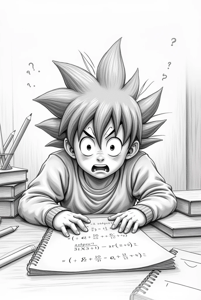 Create a cover page related to the topic "learning problems"  that is easy to draw in pencil ,where is this Goku stressed for not learning and with an expression of not being able and distressed in color at school and with a sketch doing equations