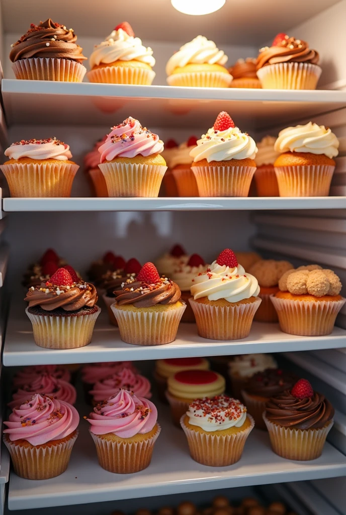 Refrigerator full of cupcakes and pastries of different flavors
