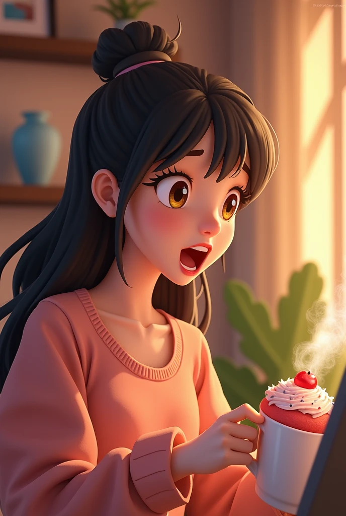 1) A young woman entering a pastry website to buy a cake.
