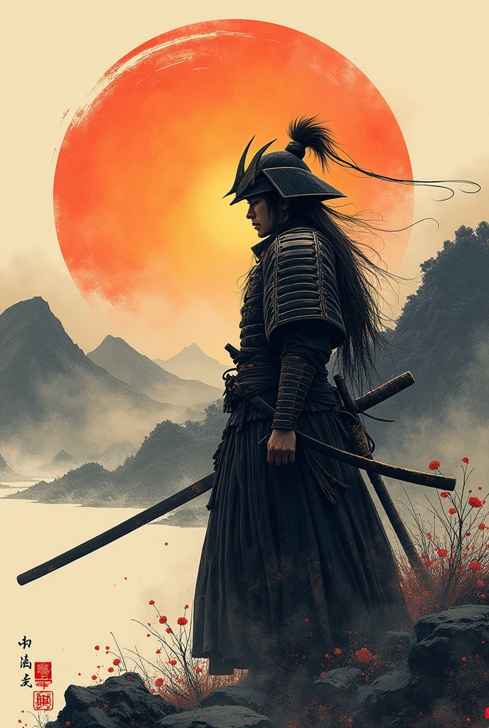  Japanese ink drawing, in the style of samurai legends, intricate brushwork, setting sun --ar 71:128 